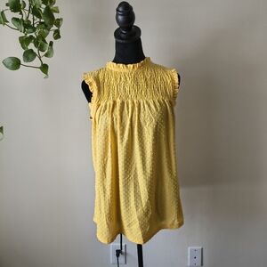 NY Collection Yellow Swiss Dot Smocked Top Size Small NWT Sleeveless Ruffle